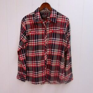 Cowgirl Up Size Large Plaid Western Shirt Snap Front Red‎ Blue / #1208